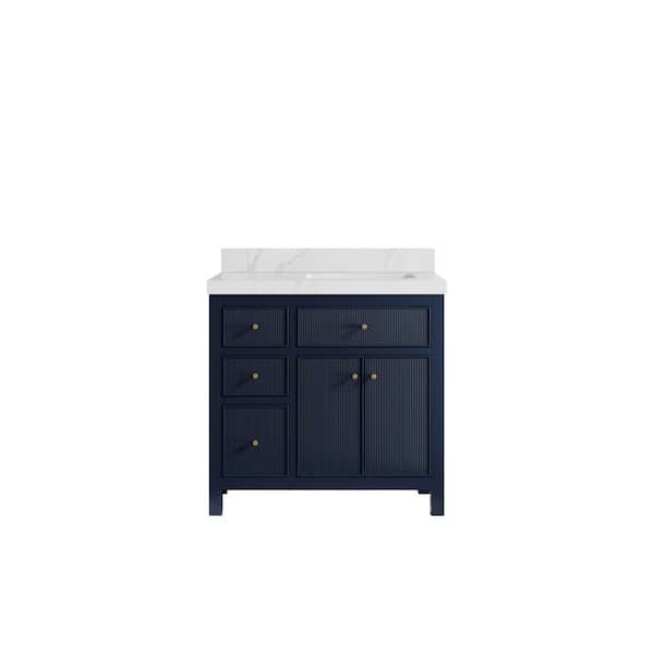 Willow Collections Sonoma 36 in. Right Sink Freestanding Navy Blue Bath Vanity with Calacatta Sienna Quartz Top Unassembled