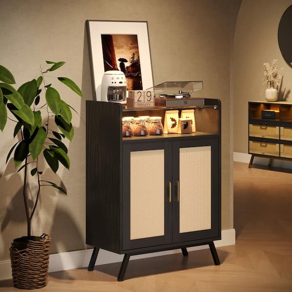 Bestier Black 27.56 in. LED Boho Accent Storage Cabinet Buffet with Glass Shelves and Ratten Door