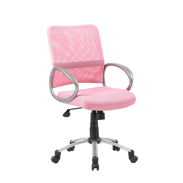 BOSS Office Products Pink Mesh, Fabric Seat Task Chair with Pewter Finish Arms and Base