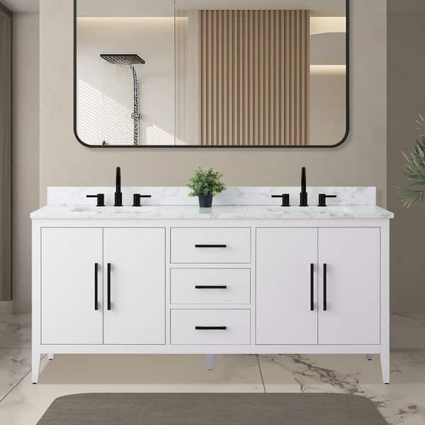 72 in. W x 22 in. D x 34 in. H Double Sink Bathroom Vanity Cabinet in White with Engineered Marble Top