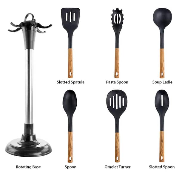 MegaChef Black Silicone and Wood Cooking Utensils, Set of 12 - 9884604