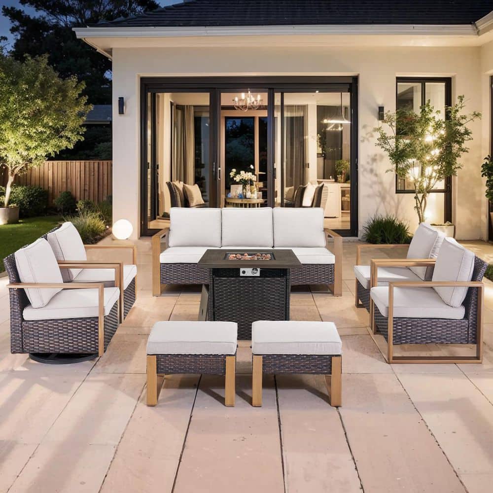 Cube Edge 8-Piece Brown Wicker Fire Pit Conversation Set with Olefin Beige Cushions and Couch/Patio Swivel Chairs price history on PriceWatchPro