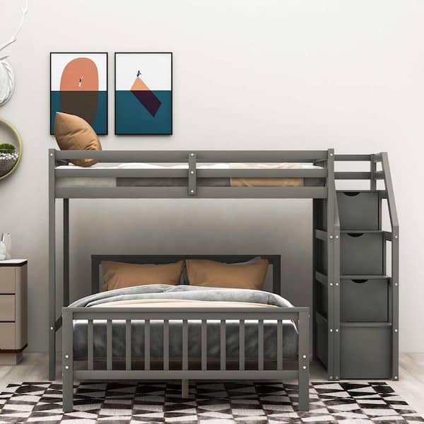 Modern Twin Over Full Bunk Bed with Staircase, Gray