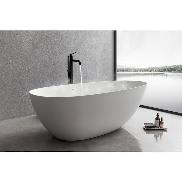 VANITYFUS 67 in. Stone Resin Flatbottom Solid Surface Freestanding Not Whirlpool Soaking Bathtub in White with Drain