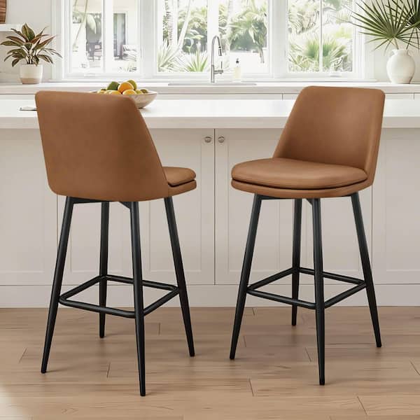 Cozyra 30.3 in. H Brown 360° Swivel Wood Frame Bar Stool with Faux Leather Seat, Set of 2, for Dining Room