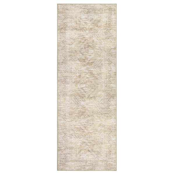 Beige 2 ft. x 6 ft. Washable Vintage Distressed Area Rug Bohemian Style Polyester