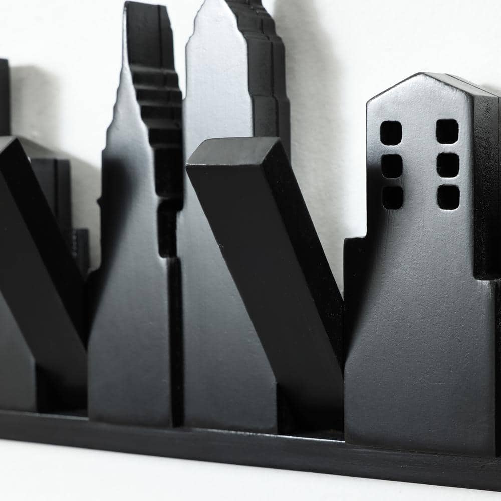 Black Fir Wood Skyscraper Wall-Mounted Coat Rack with 4 Hooks