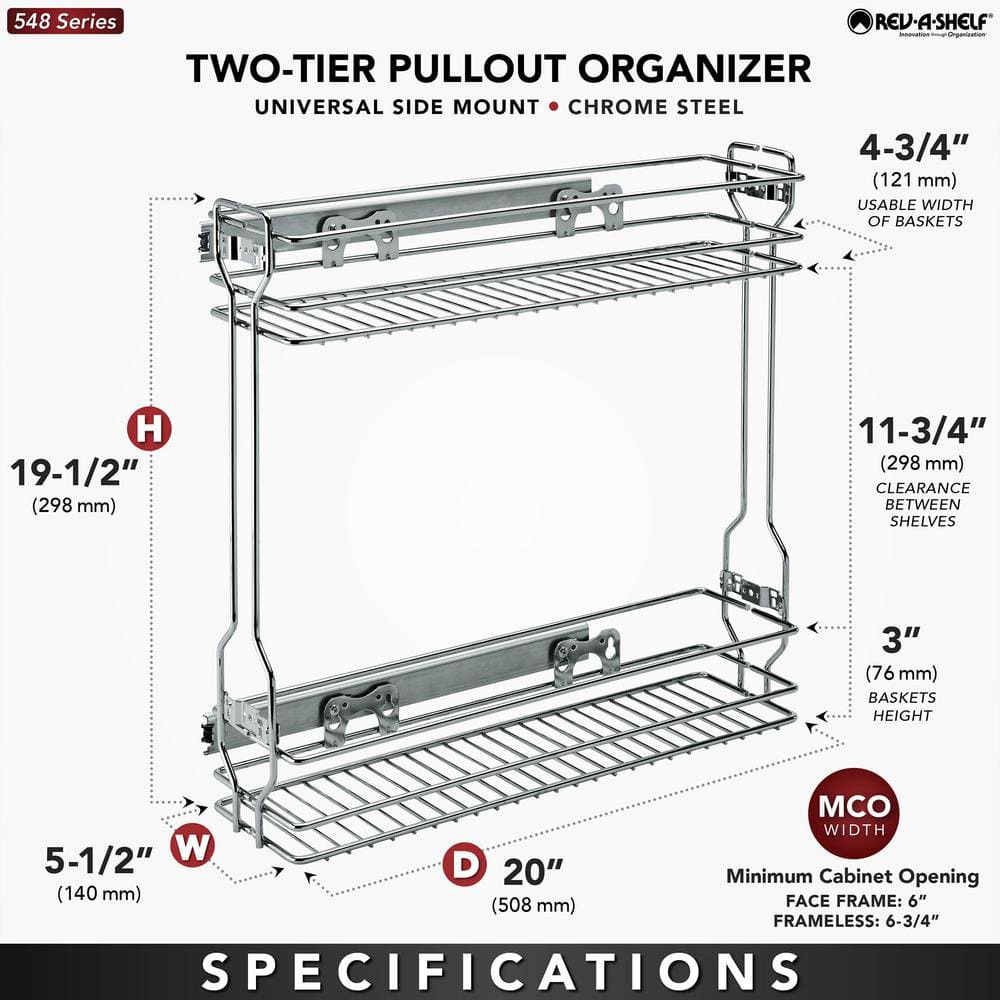 Rev-A-Shelf 18 Inch Silver Steel Wire 2-Tier Pull-Out Basket Organizer