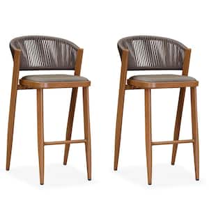 Modern Aluminum Low Back Rattan Bar Height Outdoor Bar Stool with Backrest and Brown Cushion (2-Pack)