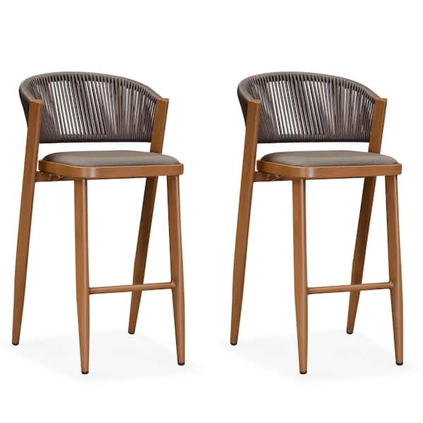 PURPLE LEAF Modern Aluminum Low Back Rattan Bar Height Outdoor Bar Stool with Backrest and Brown Cushion (2-Pack)