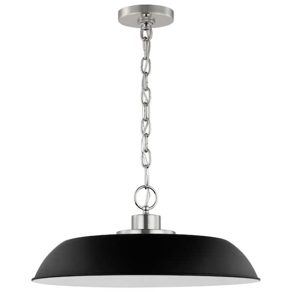SATCO Colony 100-Watt 1-Light Matte Black/Polished Nickel Shaded Pendant Light with Black Metal Shade, No Bulbs Included