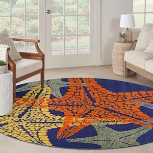 Aloha Blue Multicolor 5 ft. x 5 ft. Nature-inspired Contemporary Round Indoor/Outdoor Area Rug