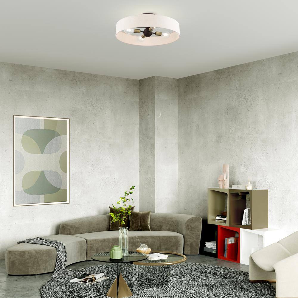 Elegant Bronze Drum Semi-Flush Mount with Oatmeal Fabric Shade