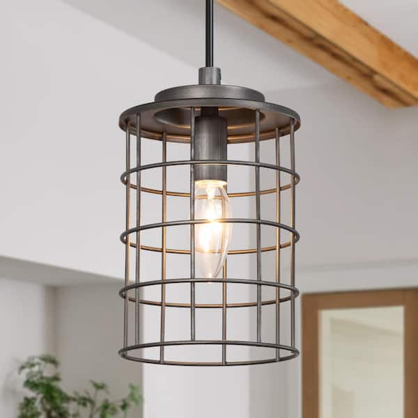 Industrial 40W 1-Light Brushed Silver Drum Mini Pendant Light with Metal Cage Shade and No Bulb Included