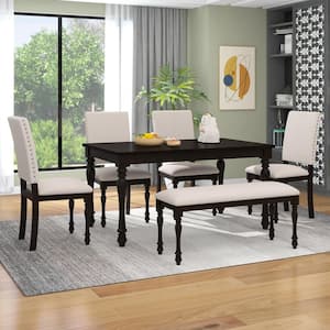 6-Piece Rectangular Espresso Wood Top Dining Table Set with Turned Legs 4 Upholstered Chairs and Bench