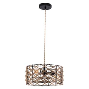 12.59 in. 2-Light Brown Bohemian Drum Shaded Pendant Light with Hand-Woven Hemp Rope Shade, No Bulbs Included