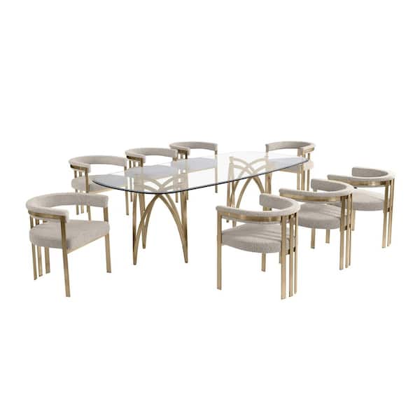Best Quality Furniture Doug 9-Piece Clear Tempered Glass Top Gold Chrome Plated Base Dining Set with 8 Grey Boucle Fabric Chairs