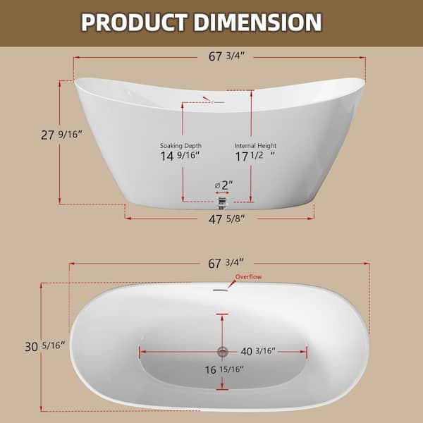 68 in. x 30 in. Freestanding Acrylic Tub Oval Double Slipper Free Standing alone Soaking Bathtub Center Drain in White