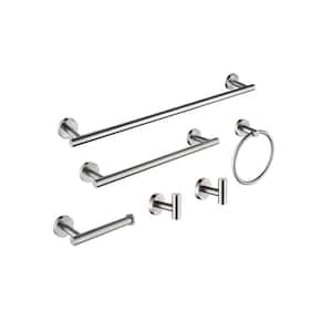 6 Pcs 26.5 in. Stainless Steel Wall Mounted Bath Hardware Set with Towel Bar&Ring, Toilet Paper Holder, Hooks in Nickel