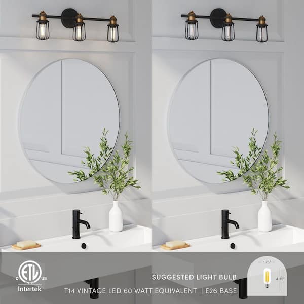 Nathan James Rori Vanity Wall Light Indoor 3-Light Bathroom with Farmhouse Cage Sconce and Brass Details - Black