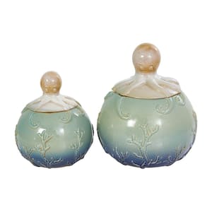 Blue Ceramic Octopus Ombre Textured Decorative Jars with Coral Details (Set of 2)