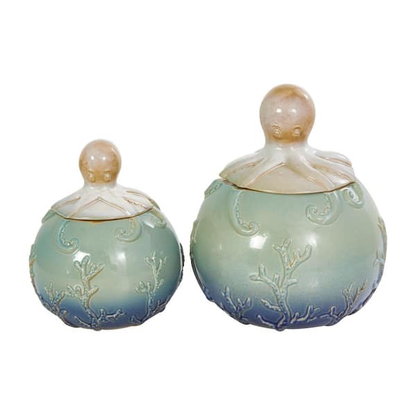 Litton Lane Blue Ceramic Octopus Ombre Textured Decorative Jars with Coral Details (Set of 2)