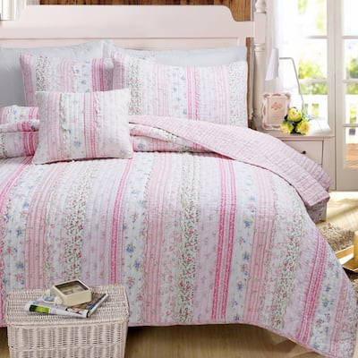 Cozy Line Home Fashions Pink Rose Peonies Flower Garden Lace Ruffle Stripe Shabby Chic 3 Piece Cotton King Quilt Bedding Set Bb01005367ak The Depot Cozy Line Home Fashions Pink Rose, Shabby Chic Super King Bedding