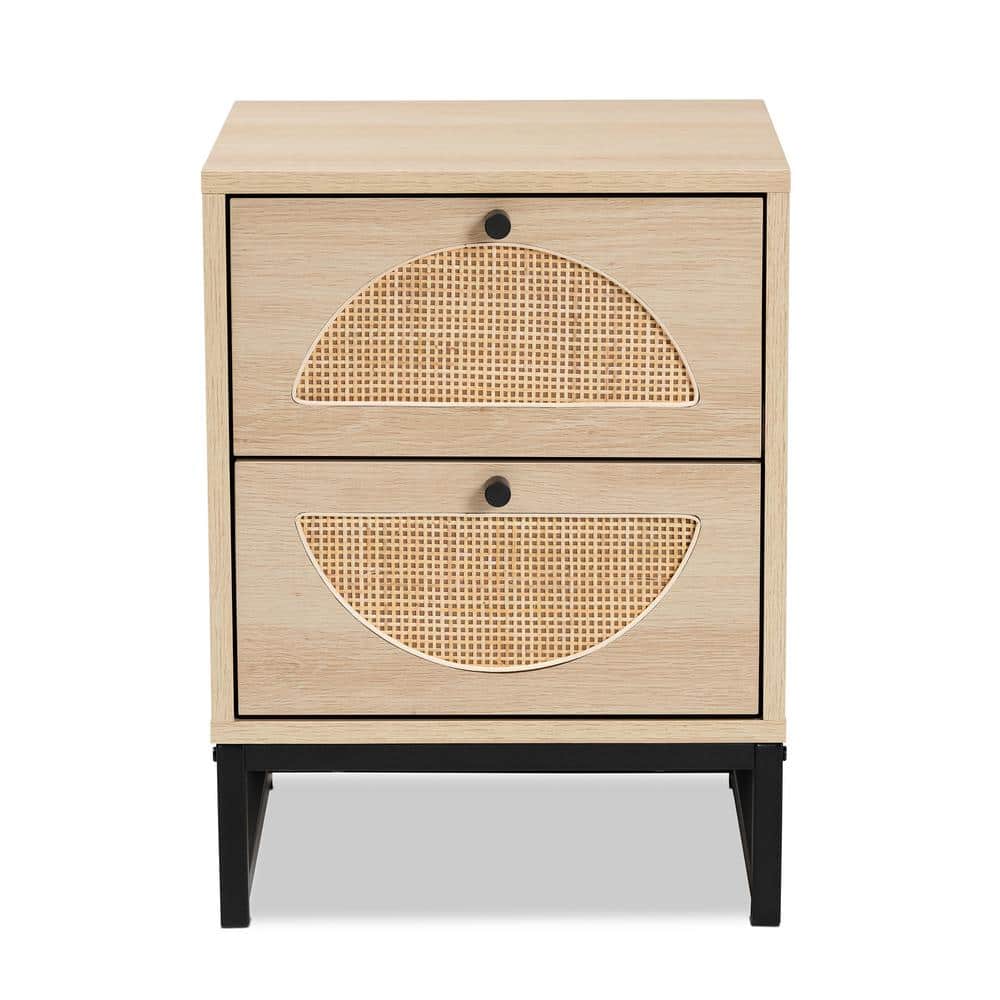 Ardon Bohemian Light Brown Wood and Metal 2 Drawer Nightstand with Rattan