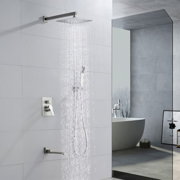 3-Spray 10 in. Square Wall Mount Dual Fixed and Handheld Shower Head with Tub Spout in Brushed Nickel