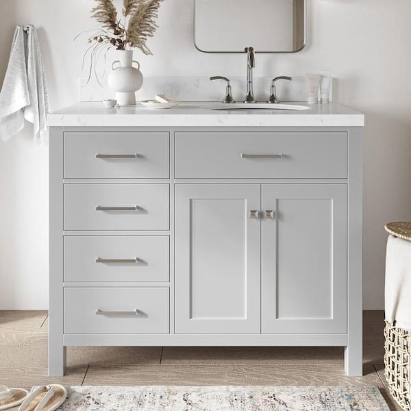 ARIEL Bristol 42.25 in. W x 22 in. D x 36 in. H Single Sink Freestanding Bath Vanity in Grey with Carrara White Quartz Top