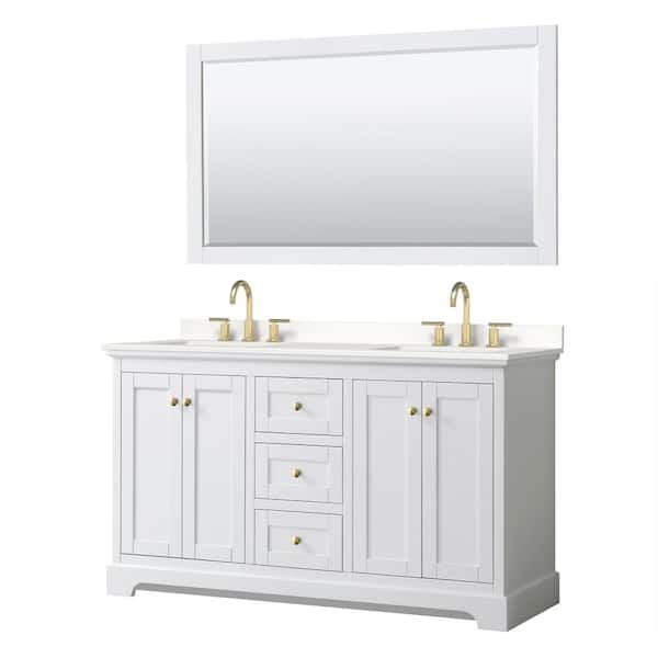 Wyndham Collection Avery 60 in. W x 22 in. D x 35 in. H Double Bath Vanity in White with White Quartz Top and 58 in. Mirror