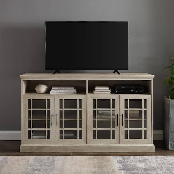 58 in. Transitional White Oak Wood TV Stand with Glass Hatched Doors (Max TV Size 65 in.)