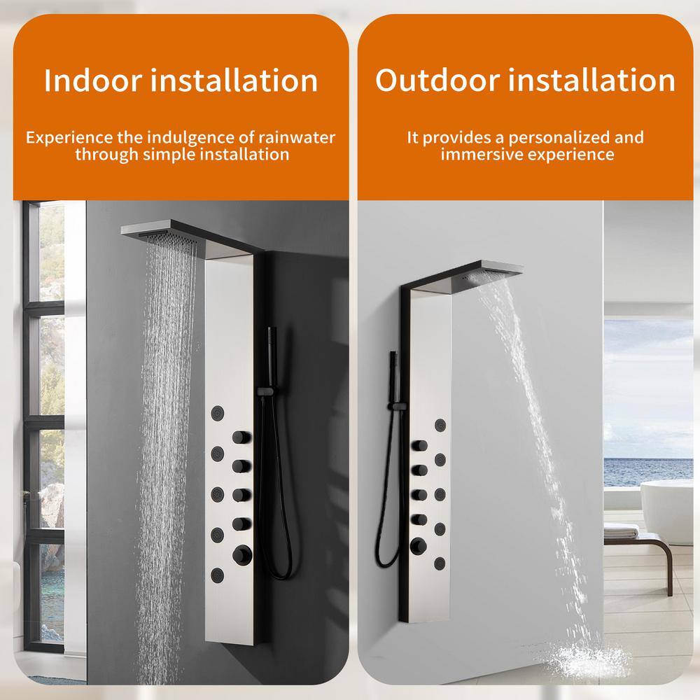 Brushed Nickel 5-Jet Rainfall Shower Panel System with Handheld Wand