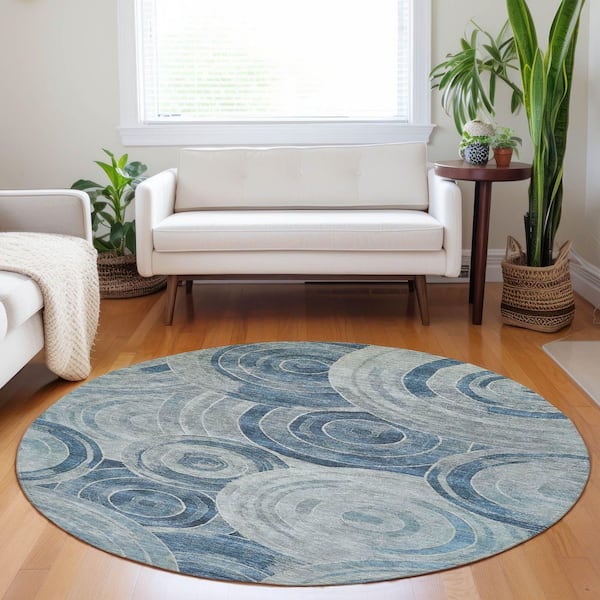 Chantille Machine Washable Indoor/Outdoor Abstract ACN1750 Blue 8 ft. x 8 ft. Round Rug