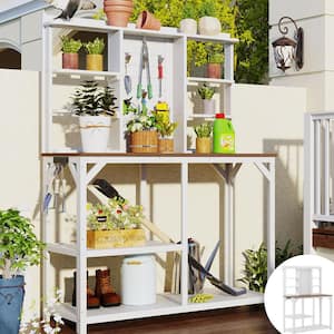 64.6 in. Large Outdoor Potting Bench, Garden Potting Table, Wood Workstation with 6-Tier Shelves, White