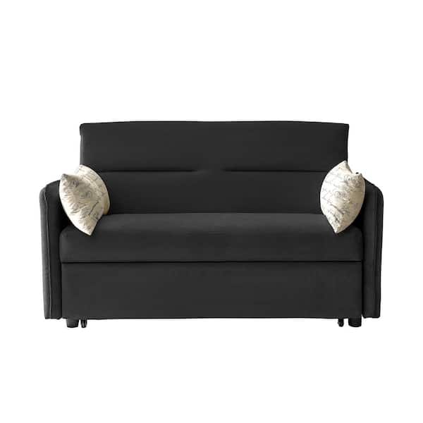 57 In Modern Black Velvet Twin Size Sofa Bed With 2 Pillows Adjule Backrest For Living Room Or Office