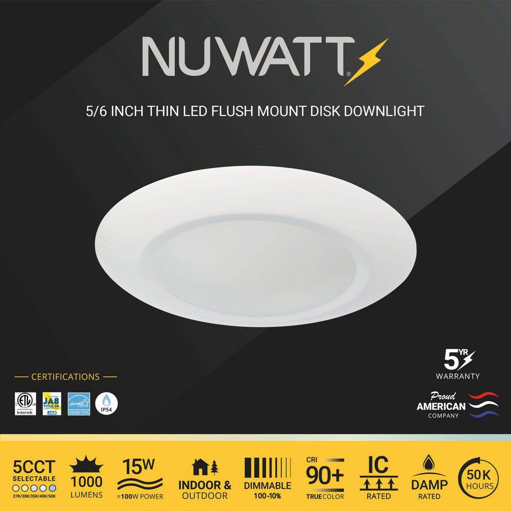 NuWatt 5/6 in. Flush Mount LED Disk Light Selectable 5CCT, CRI 90, 1100 Lumens, 3o/4o J-Box Compatible, Dimmable (6-Pack) NW-R-DSK-6-15W-5CT-6P