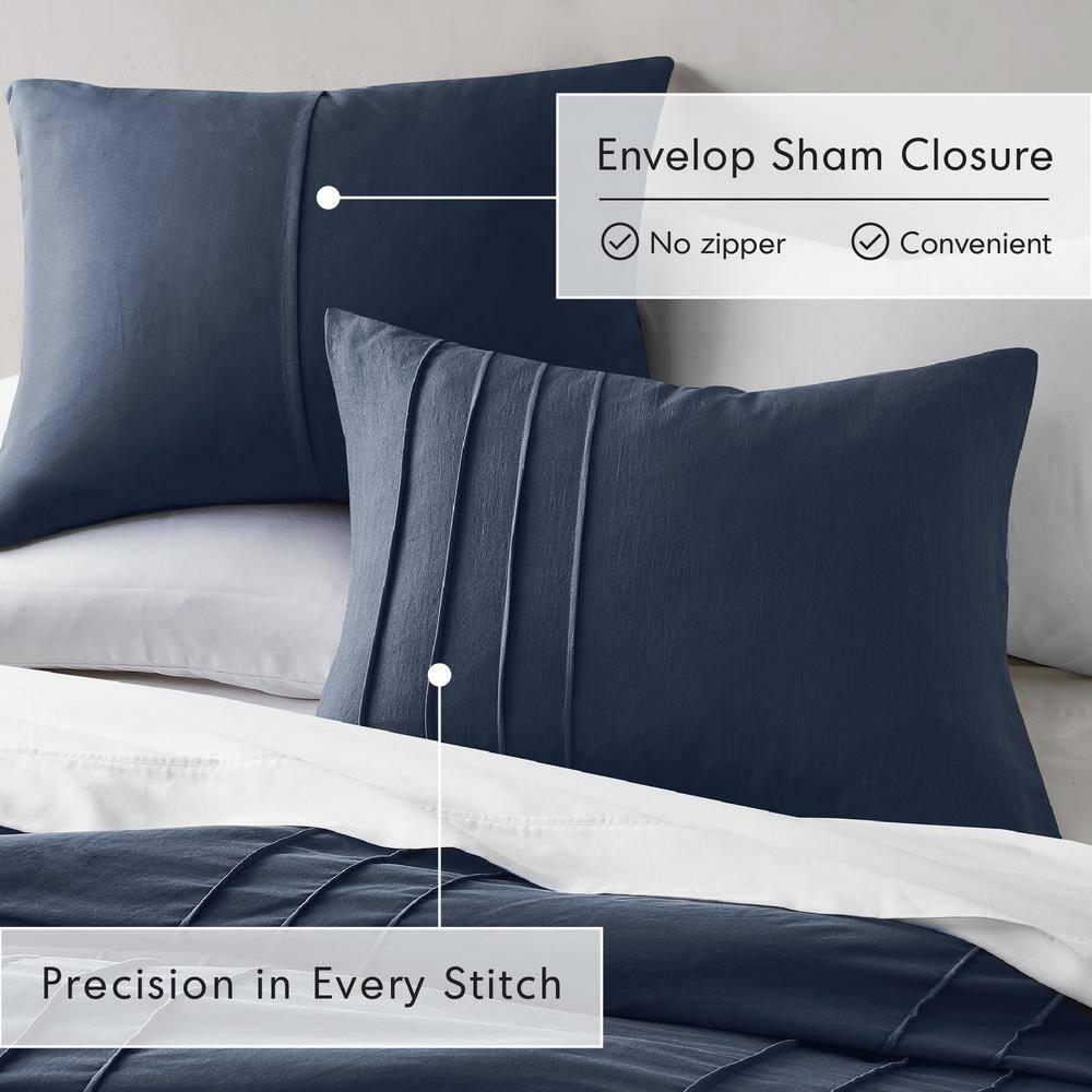 Navy Queen Microfiber Pleated Duvet Cover Set with Shams