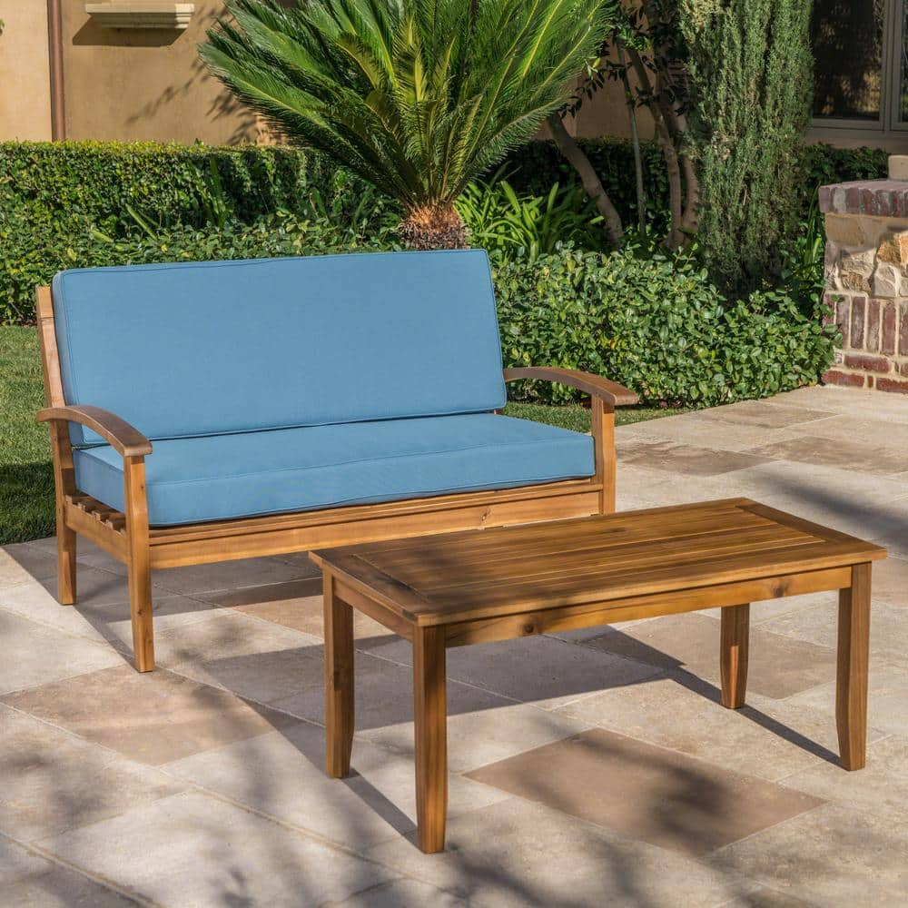 Noble House Peyton Teak Brown 2 Piece Wood Outdoor Loveseat With Blue