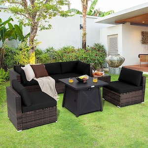 7-Piece Wicker Patio Conversation Set with Black Cushion Fire Pit Table Cover