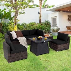 7-Piece Wicker Patio Conversation Set with Black Cushion Fire Pit Table Cover