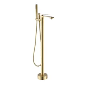 Single-Handle Freestanding Floor Mount Tub Filler Faucet with Handheld Shower in Brushed Gold