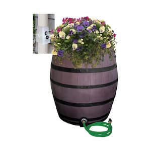 50 Gal. Brown Flat Back Whiskey Rain Barrel with Integrated Planter and Diverter System with Black Accent Bands