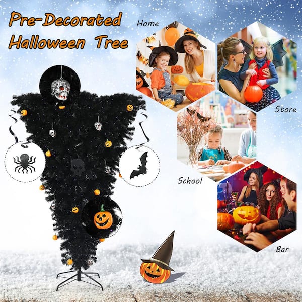 Gymax 6 ft. Pre -Lit Upside Down Black Halloween Tree Artificial