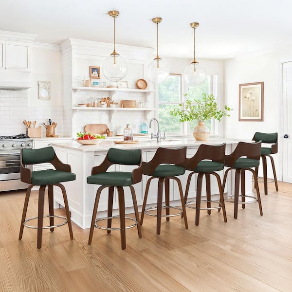 Gaspa 26 in. Green Premium Faux Leather Swivel Bar Stool with Solid Walnut Wood Frame and Open Back Support Set of 6