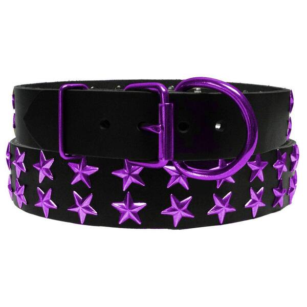 Platinum Pets 29 in. Black Genuine Leather Dog Collar in Purple Stars
