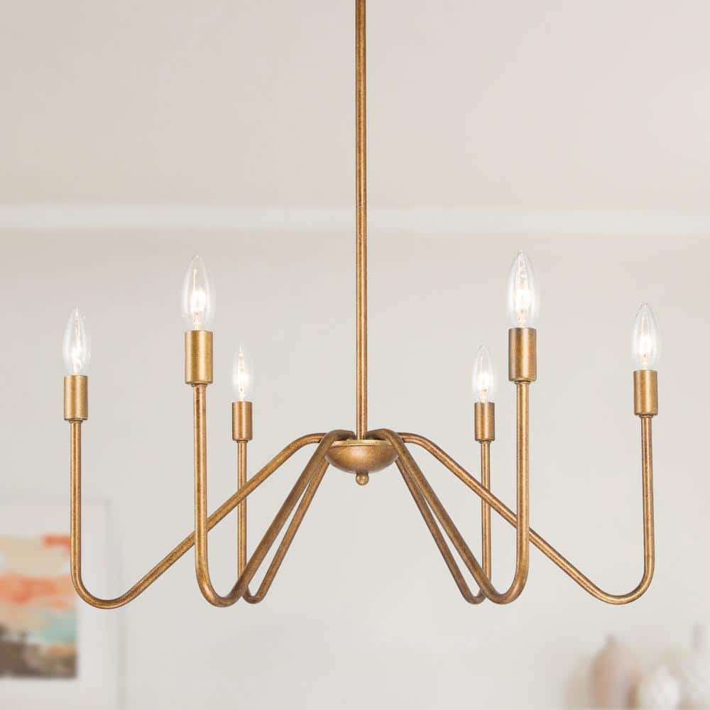 Uolfin Gold Candlestick Chandelier, Modern 6-Light Rust Gold Island