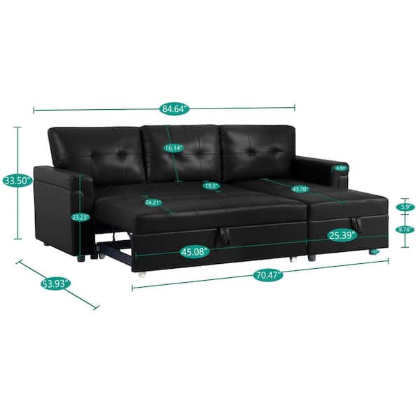 HOMESTOCK 84.64 in. Black Tufted Faux Leather Twin Size 3-Seat