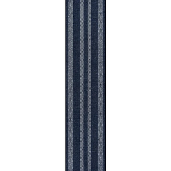 Nautisk Trellis Stripe Machine-Washable Navy/Ivory 2 ft. x 8 ft. Area Rug