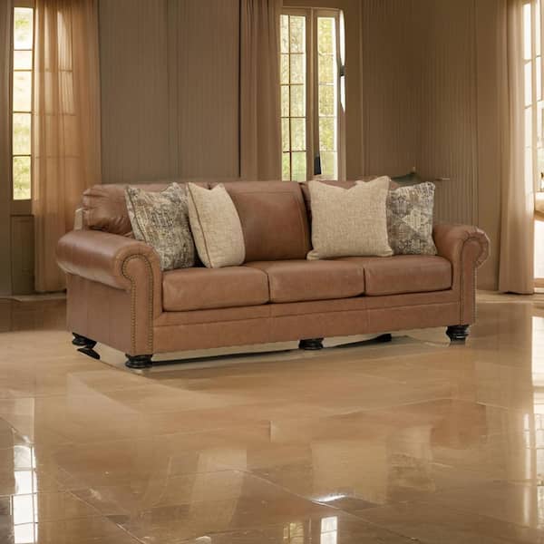 Benjara Riana 101 in. Round Arm Faux Leather Rectangle Sofa in Brown, Black and Ivory